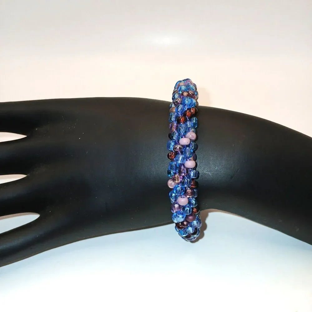 Jewelry Bracelet Kumihimo Braided Blue & Purple Seed Beads Handmade 7.5 in